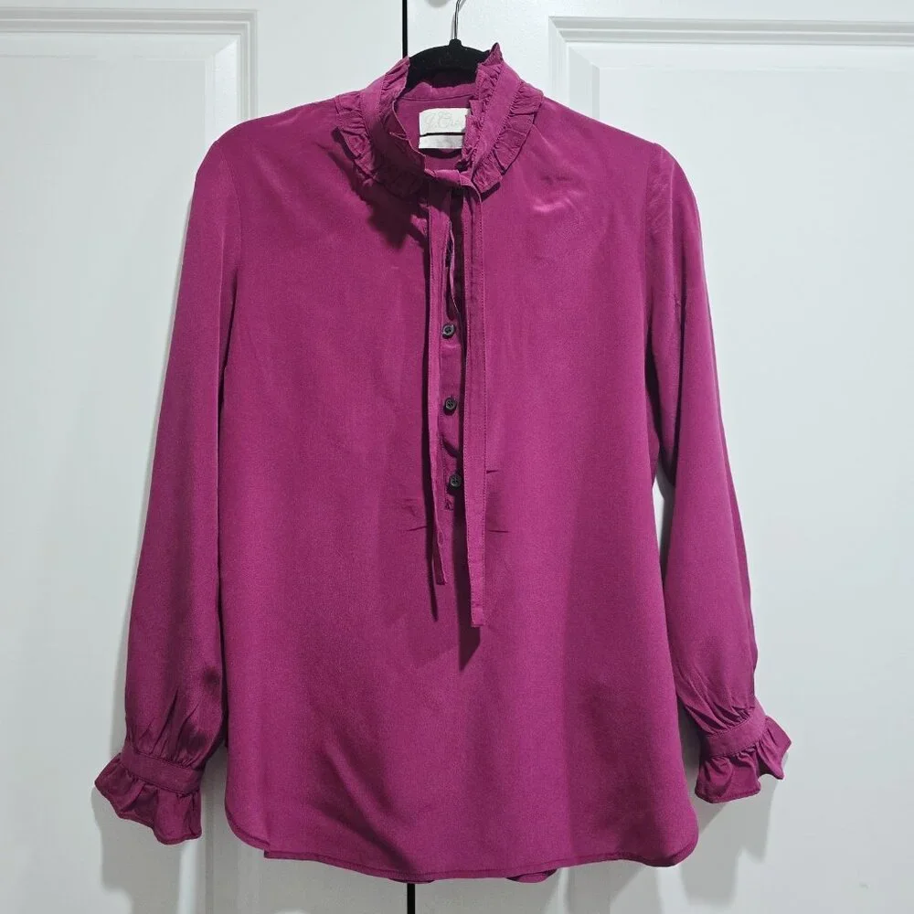 J.Crew - S Women’s Classic-Fit Ruffleneck Silk Popover‎ Blouse in Fuchsia